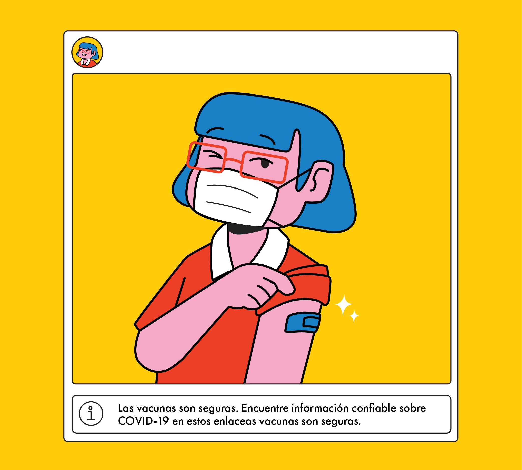 Ilustración de persona que se pone la vacuna. Se incluye el anuncio automático de Instagram que señala que las vacunas son seguras.