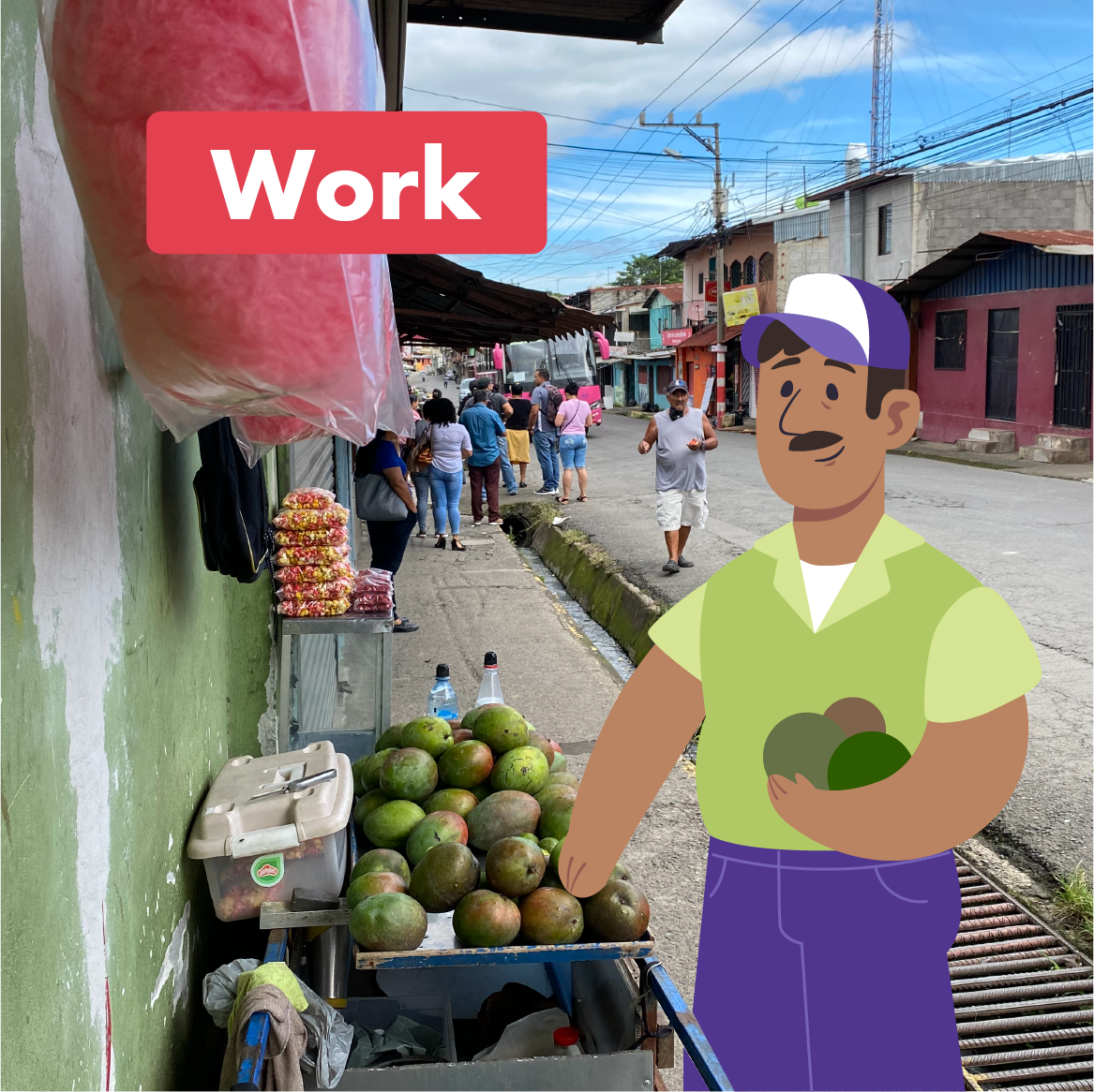 Ilustración de un hombre, con la leyenda 'Trabajo'. Está en una calle, vendiendo frutas