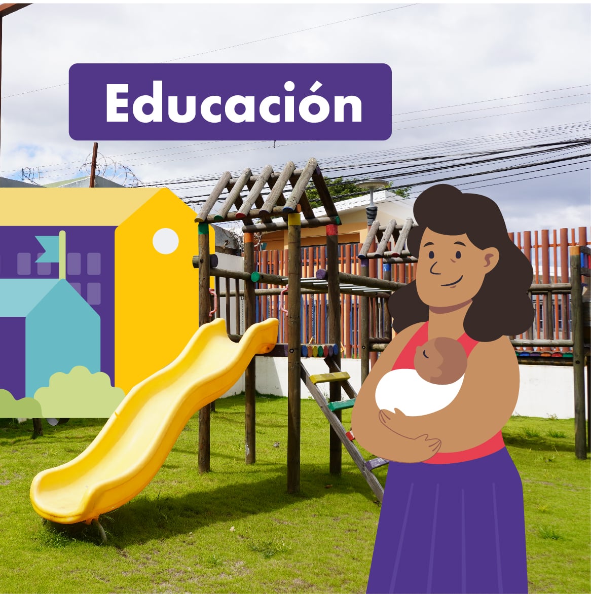 Ilustración de una mujer, con la leyenda 'Educación'. Está en la zona de juegos de un centro educativo.