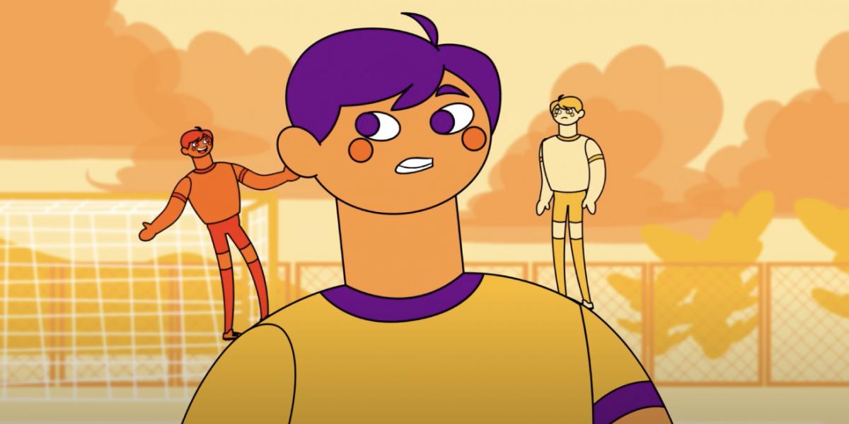 Kevin, a young man with purple hair, next to the personifications of his emotion and his reason.